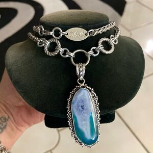 925 sterling silver overlay blue druzy agate gemstone charm boho necklace